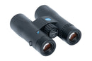 A pair of black binoculars with a textured central dial and viking optcial brand accents, photographed on a clean white background.