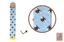 Bartleby’s light blue Funky Welly Socks with a repeating bumble bee pattern and yellow toe.