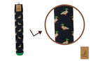 Bartleby’s navy Funky Welly Socks with a repeating pattern of mallards. Circle with a close-up of the pattern. 