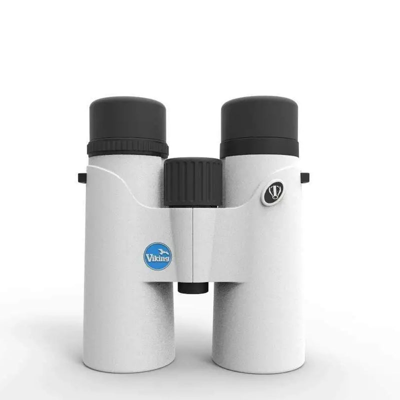 Viking Badger White binoculars with black accents on a white background