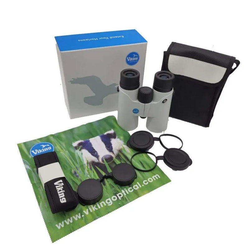 Viking Badger Binoculars with accessories and Viking branded materials on a white background