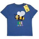 A royal blue kids' short-sleeve t-shirt featuring a cartoon bee graphic and the text 'BEE HAPPY!' in colourful letters. A yellow WWT brand tag is attached to the collar.