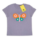 A kids' short-sleeve t-shirt in heathered lavender purple, featuring a colorful butterfly graphic on the front with orange wings, teal wings, and a pink body. The shirt has a yellow WWT brand hangtag attached to the collar and is photographed flat against a solid white background.