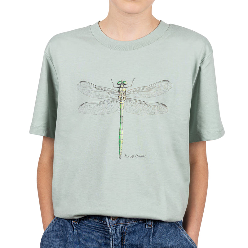 Light green t-shirt with a dragonfly design for ages 3-4, 5-6, 7-8 and 9-11