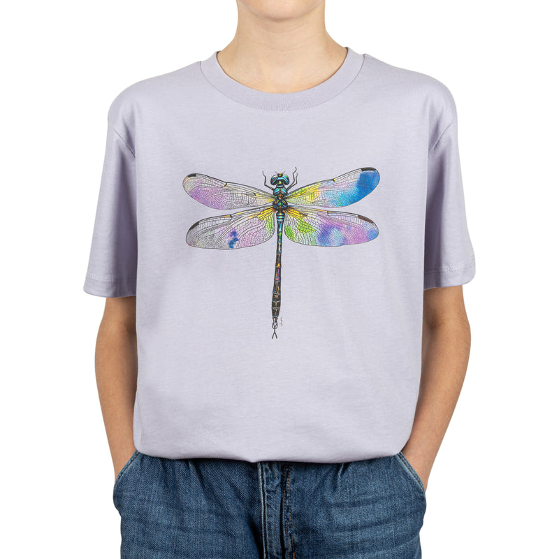 Lavender coloured t-shirt with a dragonfly design for ages 3-4, 5-6, 7-8 and 9-11