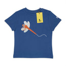 A blue short-sleeve kids' t-shirt featuring a graphic of an orange dragonfly with white wings and a dotted trail. The shirt has a yellow hangtag with the brand name 'WWT' and is photographed flat against a white background.