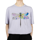 Lavender Lilac coloured  t-shirt with a dragonfly design in sizes S, M, L and XL Adults