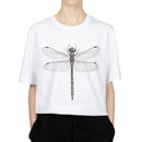 White t-shirt with a dragonfly design in sizes S, M, L and XL Adults