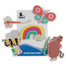 A set of wooden fridge magnets featuring cute cartoon animals and nature motifs, including a rainbow, butterfly, bee, dragonfly, and a mouse holding a spear, displayed on a white background with the WWT brand card.