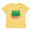 A yellow short-sleeve crewneck t-shirt featuring a graphic of three green frogs sitting on a log. The shirt has a yellow paper hangtag attached to the collar with the brand WWT printed on it, set against a plain white background.