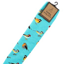Bartleby’s Funky Welly Socks bright turquoise with a repeating garden bird print. 