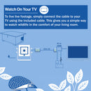 Diagram showing how to connect  the camera to a TV for live wildlife footage on a blue background with a hedgehog illustration.