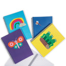 Spiral-bound notebooks featuring 4 bright coloured backgrounds and a rainbow, dragonfly, butterfly or frogs on log design.