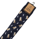 Bartleby’s navy Funky Welly Socks with a repeating owl and moon pattern.