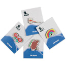 Four WWT pin badges on white and blue backing cards, featuring a butterfly, a dragonfly, a rainbow with a cloud, and a vole.