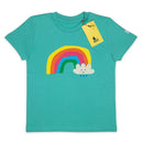 A turquoise short-sleeve kids' t-shirt featuring a colorful rainbow and a smiling white cloud graphic on the front. The shirt is shown flat against a white background with a yellow 'WWT' brand tag attached to the collar.