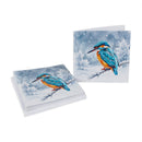 A stack of square greeting cards and a single card displayed on a white background, both printed with a winter scene featuring a blue and orange kingfisher perched on a snowy branch.